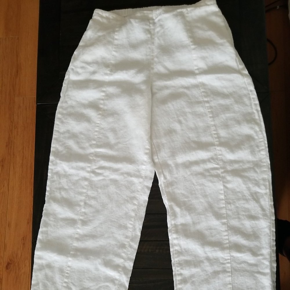 Flax Pants 100% Linen Elastic On Back Waist 2 Pockets White S Wide Leg